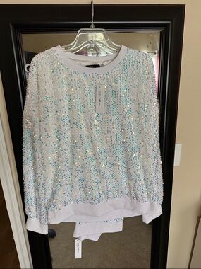 Sequin Embellished White Pullover Sweater/Pants Set by GOOD Time